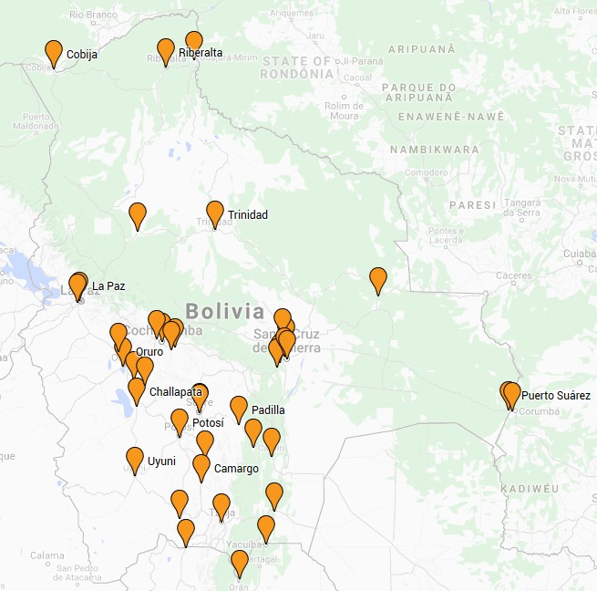 Mapa de destinos a los que llega los envios de Comercio Electrónico